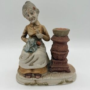 Vintage Peasant Elderly Woman Sewing with Basket Figurine Cottage Decor
